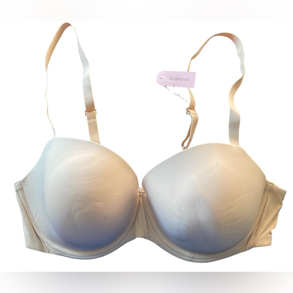 Dobreva Women’s 42D Beige  Lightly Padded Plunge Seamless Smooth T‑Shirt Bra